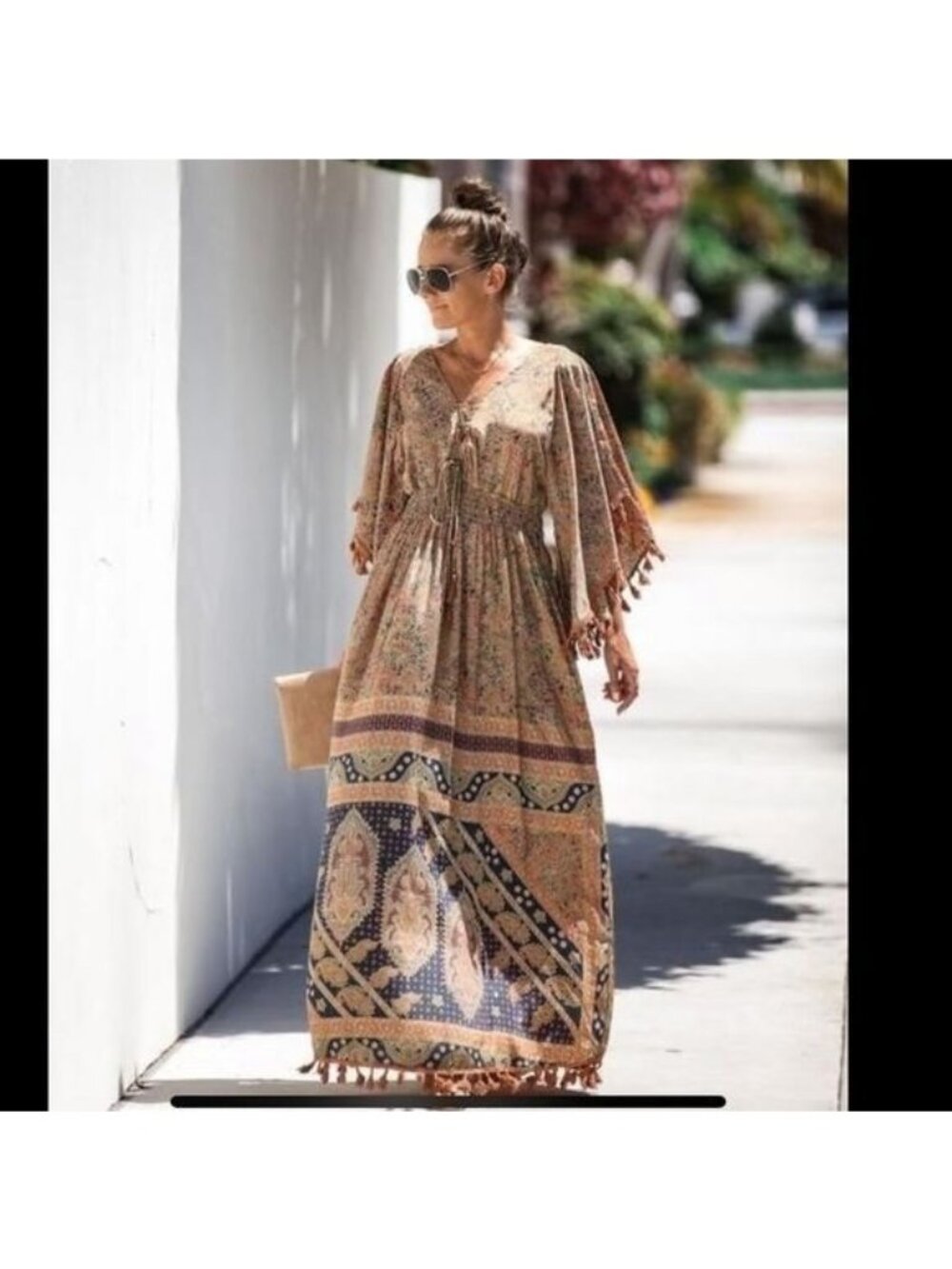 Raga XS Tan Henna Tassel Kimono Maxi Dress Boho Hippie Festival